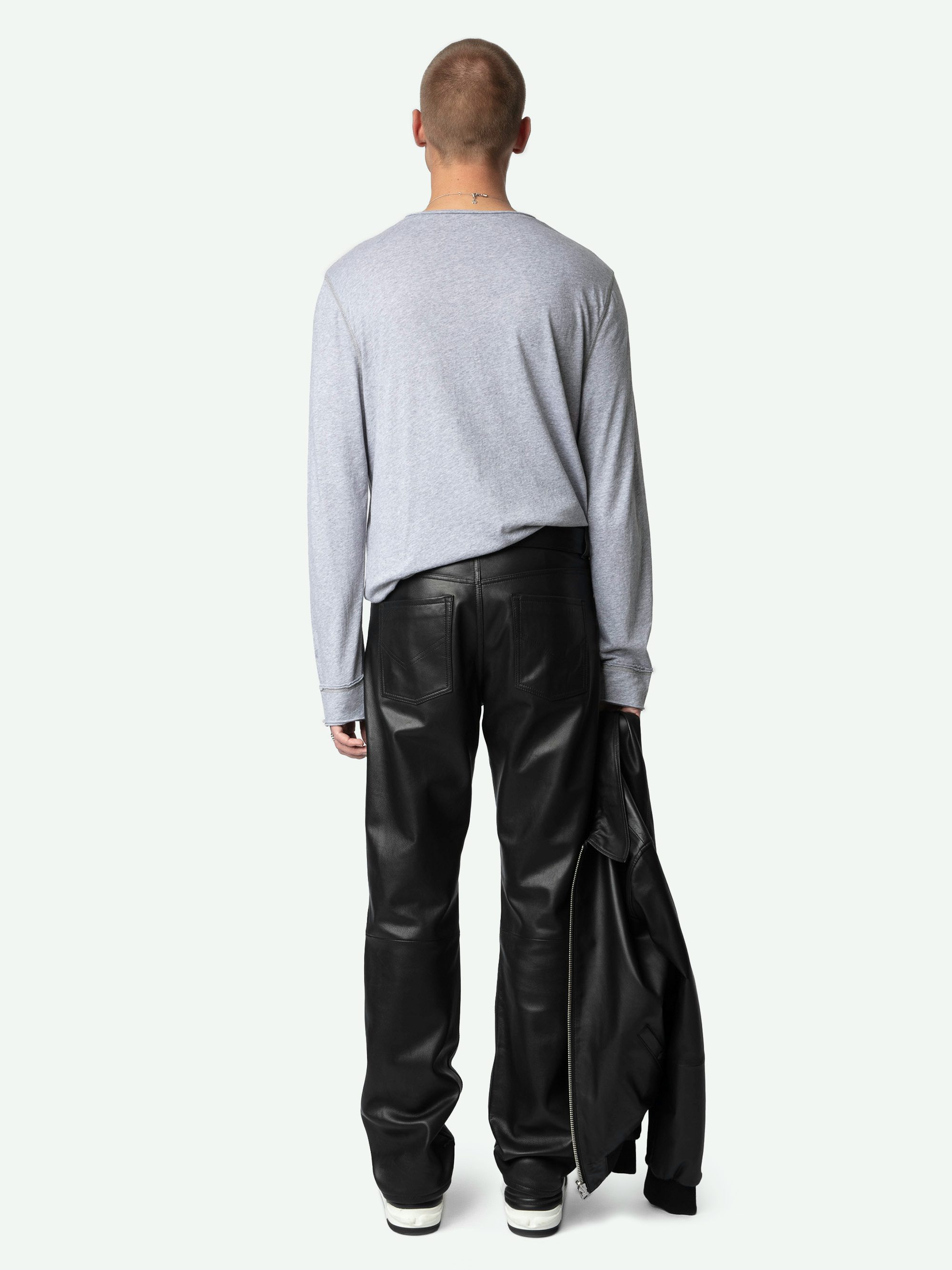 Henley-Shirt Monastir - Langärmliges Henley-Shirt aus meliertem Bio-Baumwollstoff in Grau.